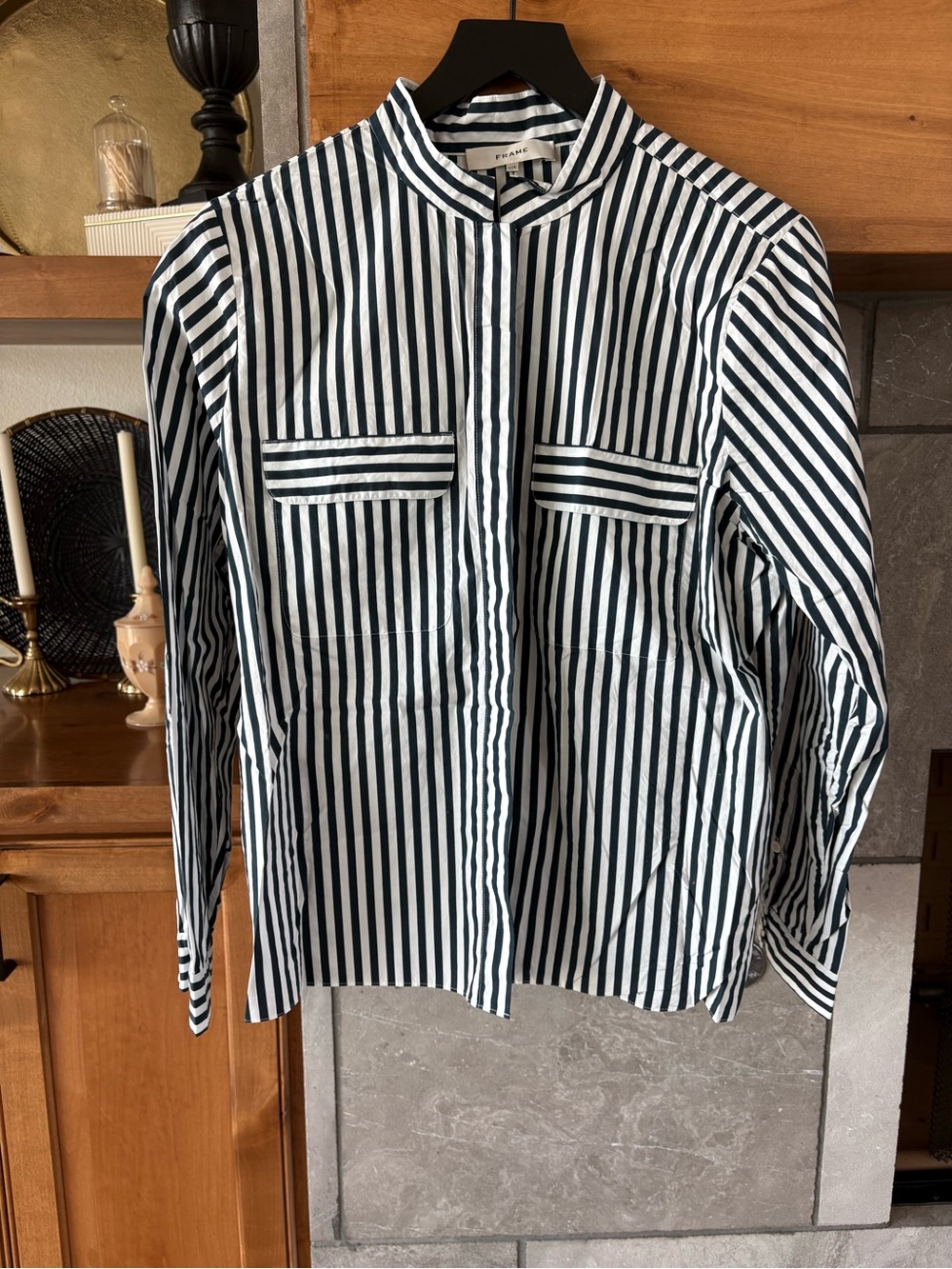 Frame Denim Navy and White Vertical Stripe Band-Collar Shirt